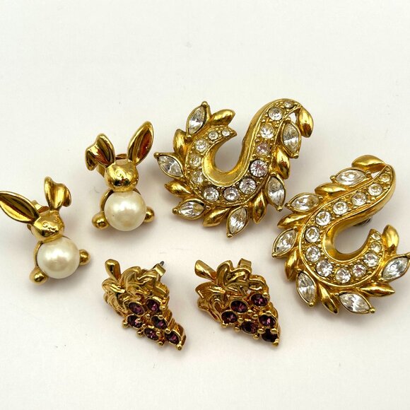 Vintage AVON 3 Pair Rhinestone Pierced Earrings Gold Tone 1990s Bundle - Picture 1 of 9